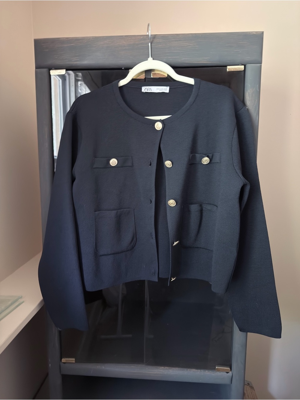 Zara Navy Textured Button-Front Crop Jacket